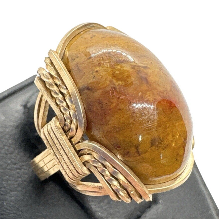 Vintage Gold-Filled Wire Wrapped Agate Ring Size 3.25 Handmade Artisan Setting