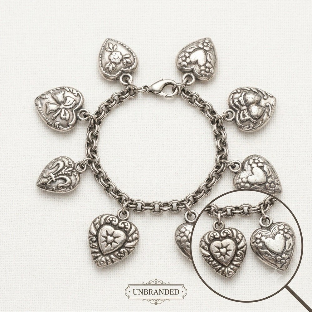 Vintage 90s Silver Heart Charm Bracelet Double Sided Reversible Chunky