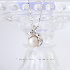 New Cat Natural Pearl Diamond silver necklace Made in Japan gift ladies