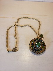 Vintage Hobe Green and Blue Rhinestones Pendant Locket Necklace