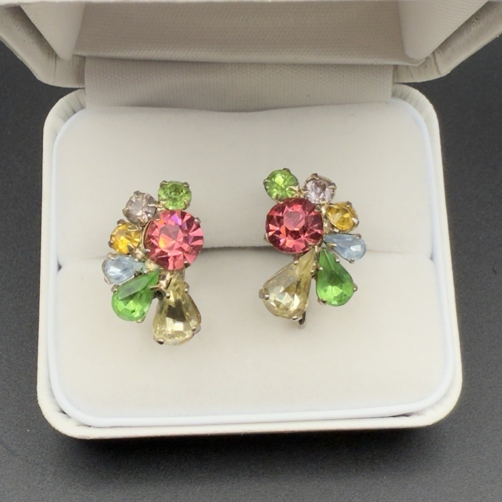 Vintage Multicolor Fruit Salad Rhinestone Cluster Gold Tone Screwback Earrings