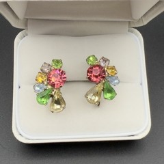 Vintage Multicolor Fruit Salad Rhinestone Cluster Gold Tone Screwback Earrings