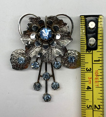 Vtg Pendant Brooch Pin & Earrings Blue Rhinestone Silver Tone Design by Anthony