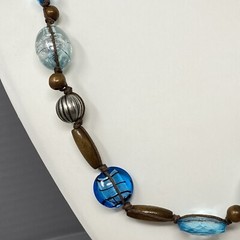 Beaded Necklace Blue Glass Fused Foil Acrylic Crackle Faceted Wood Metal 21″