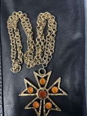 Vintage Edlee Pendant Necklace Maltese Cross Rhinestone Starburst Gold Tone 30”