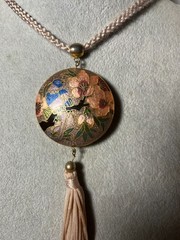 Vtg Cloisonne Pendant Tassel Necklace 26” Nylon Chain Brown Enamel Bird/Flowers