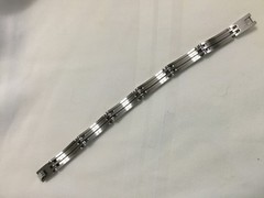 Vntg Unisex Three Bar Curve Etched Pattern Link Heavy Stainless Steel Bracelet