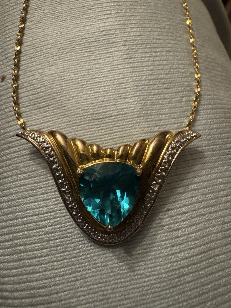 Ross-Simons Blue Glass & Genuine Diamond Pendant Gold Vermeil Sterling Silver