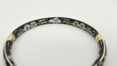 Vintage Chinese Black Cloisonné Enamel Bangle Bracelet Floral Hinged Gilt Brass