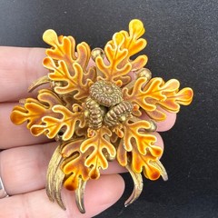 Vintage Enamel Brooch Clip on Earrings Set Flower Fall Acorn Tree Autumn