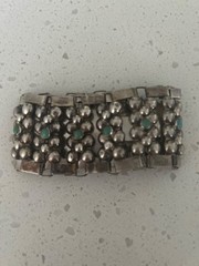 Vintage Silver Mexican Modernist Caviar Link Bracelet W/Small Cabochon Turq Ston