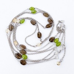 Vintage Sterling Silver Peridot Smoky Quartz Citrine Layered Necklace 17″-19″