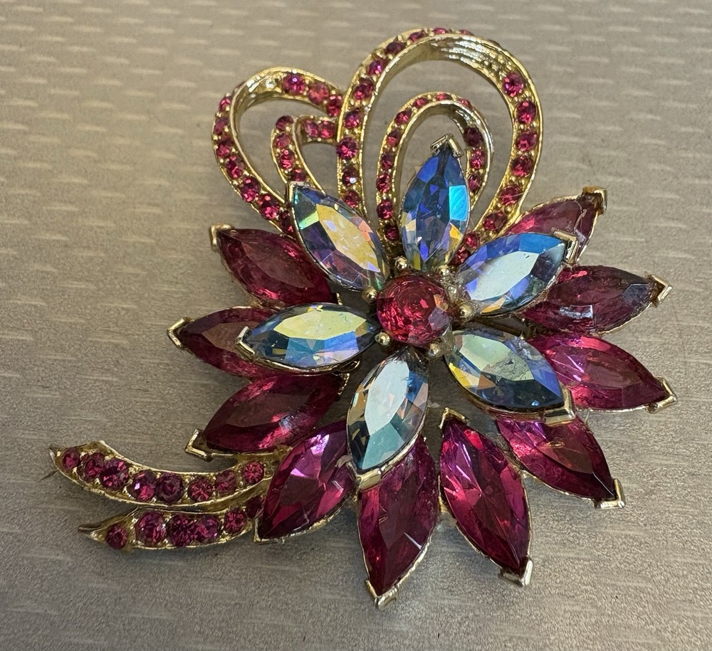 Vintage Signed Weiss Red Rhinestone Flower Brooch Cranberry Marquise Blue AB 3″