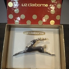 New Vintage Liz Claiborne Leaping Reindeer Brooch Pin Two Tone New In Box
