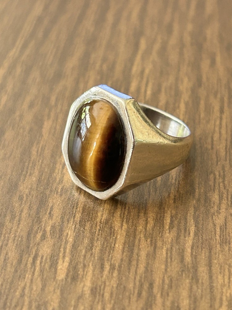 Vintage Mens Tigers Eye 925 Sterling Silver Ring Sz 10