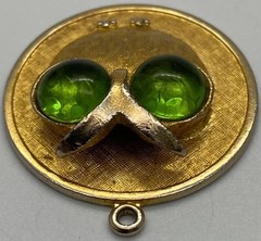Vintage Owl Pendant Green Glass Eyes Gold Tone Charm 1 1/8″