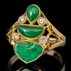 Vintage Carved Jade Diamonds 14k Yellow Gold Ring Archaeological Revival Gift