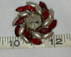 Vintage Pearl like marquise and Ruby Red Rhinestone Swirl Brooch Pin