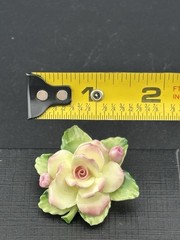 Painted Porcelain Pink Flower Green Leaves Cottage Core VTG 3D Floral Brooch