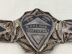 Vintage WWII Sweetheart Bracelet Niello Filigree Middle Eastern Silver 5 Panel