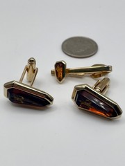 Vintage Shields Gold Tone Fleur-de-lis Cufflinks Tie Clip Set Amber Glass MCM