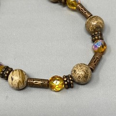 Stone Bracelet Brown Speckled Gemstone Glass Beads Bali Tubes Toggle Vtg 7″