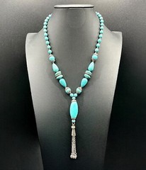 CHINESE TURQUOISE Necklace 70s Tassel Y-Drop 18” Silver Plated Statement #1 EUC