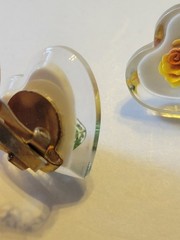 Vtg Estate Clip Earrings Acrylic Resin Heart Shaped Inlaid Yellow Rose Jewelry