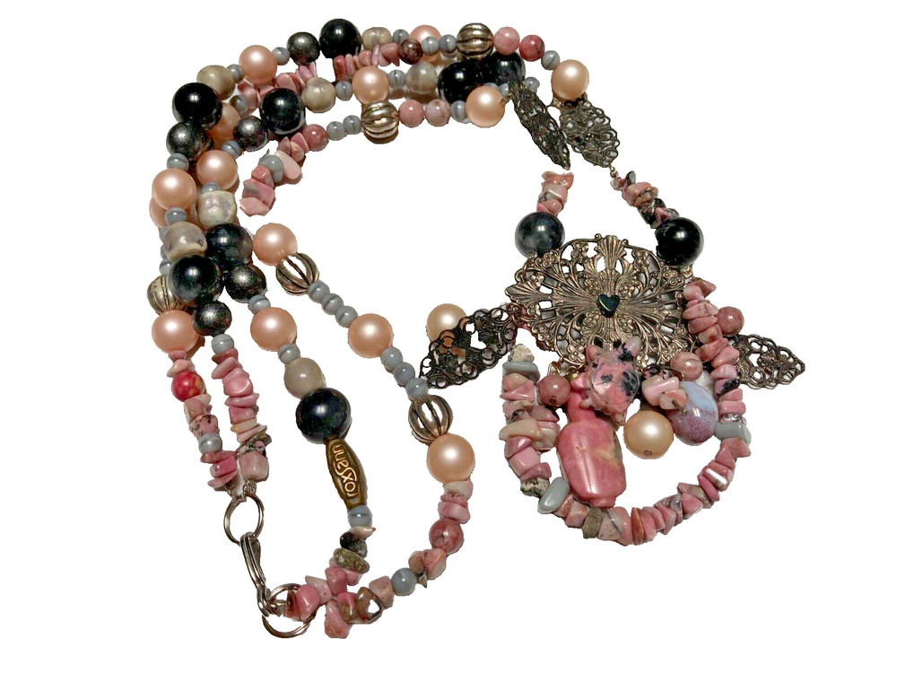 Stunning roxsann Pink Rhodonite Faux Pearl Moonglow Bead Charm Pendant Necklace