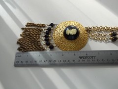 Vtg 60’s Huge Runway Cameo Pendant Necklace Gold Tone Cabochon W Tassel Chain