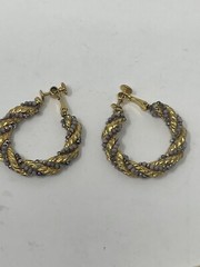 Vintage Gold Tone Twisted Rope Hoop Earrings Grey Silver Beaded Screw Back MCM