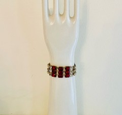 Vintage Bracelet Chain Link Gold Tone With Red & Clear Stones