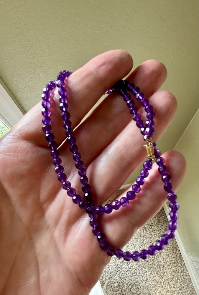 Vintage 4mm Faceted Amethyst Bead Necklace 14k Lobster Claw Clasp 18” Sparkles