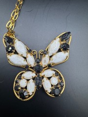 Vintage Gold Tone Butterfly Pendant Necklace Black White Rhinestone Statement