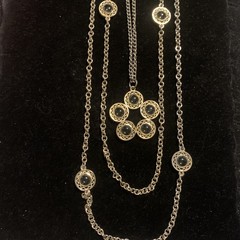 Vintage Marked CELEBRITY Necklace Gold Chains 36 In Unique Clasp Glass Pendant