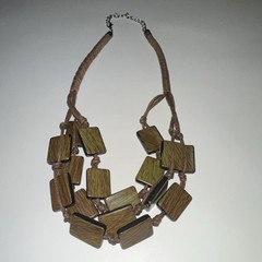 Vintage Boho Exotic Wood Statement Necklace Multi-Strand Chunky Green Brown Bib