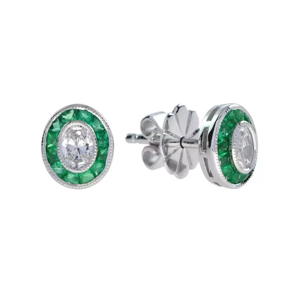 Art Deco Vintage Lab Created Emerald Diamond Antique Earring 14KWhite Gold FN