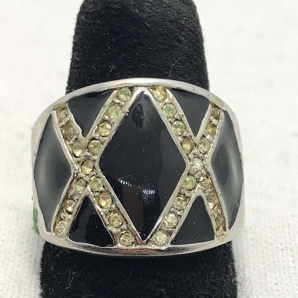 Vintage 18K HGE Plated Enamel & Crystals Unique Bold X Look Ring varied sizes