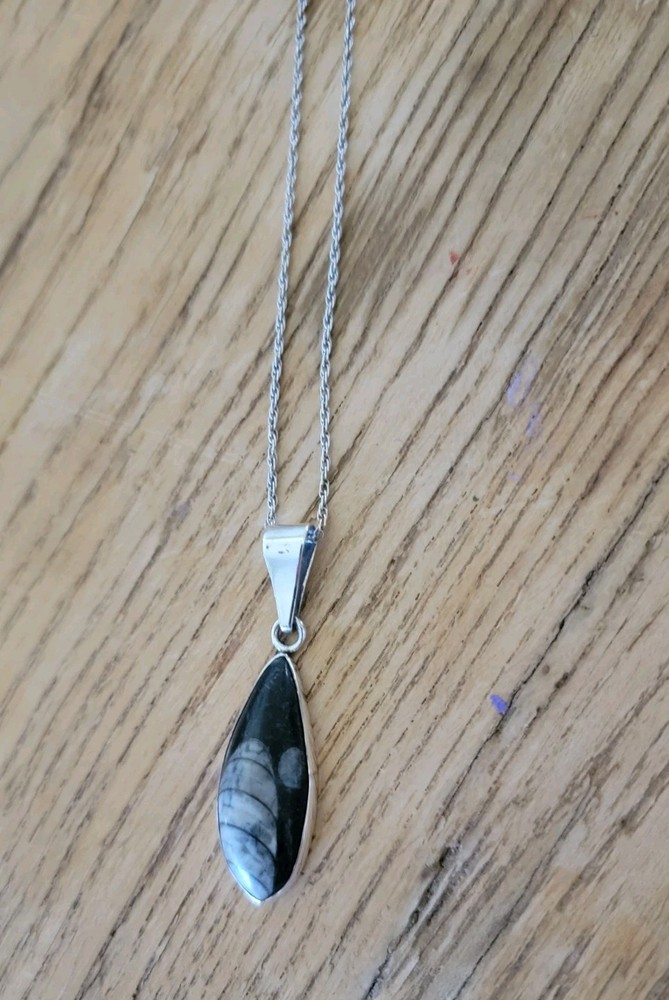 VTG Sterling Silver 925 Orthoceras Fossil Pendant W/ 20″ Rope Chain Necklace