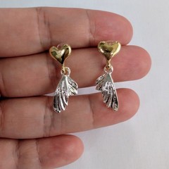 Estate Vintage 2 Tone Gold Heart + Silver Butterfly Or Fairy Wings 1.25″ Drop