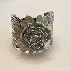 Vintage Oversized Enamel Flower Bangle Cuff Antiqued Silver Leaves Large