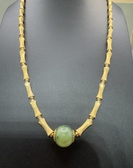 24 Inch Bamboo Link Necklace w/ Sterling Clasp & Faux Green Bead – 41.3g