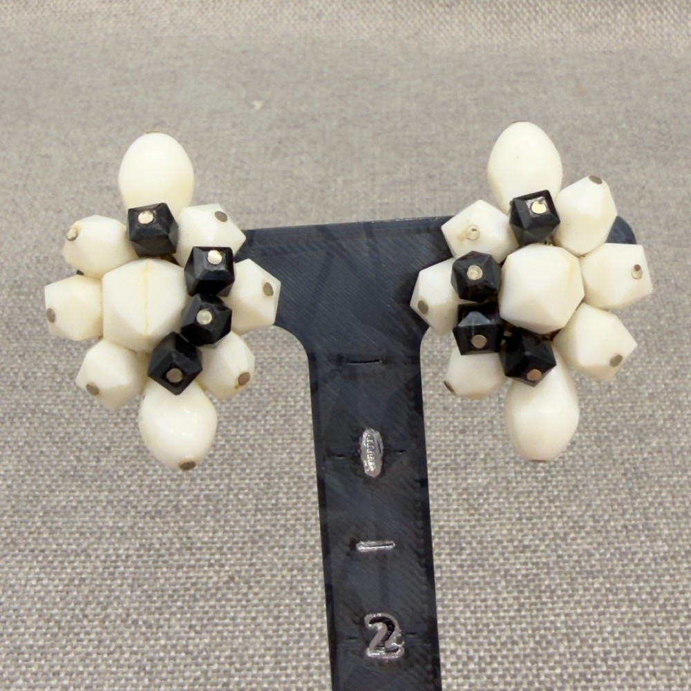 Vintage Acrylic Earrings Western Germany Black Cream Cluster Clip Ons
