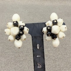 Vintage Acrylic Earrings Western Germany Black Cream Cluster Clip Ons