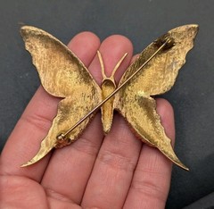Large Vintage Unsigned Jomaz Gold Tone Enamel Rhinestone Butterfly Brooch ⚠️Read