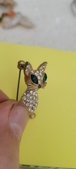Vintage Sphinx Goldtone Green Eyed Rhinestone Cat Brooch