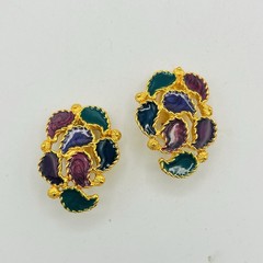Vintage Necklace Earrings Set Enamel Omega Chain Gold Tone Pink Purple Green