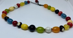 Vintage 70s Colorful Green Red Blue Black Yellow Beaded White Multi Aprox. 16”