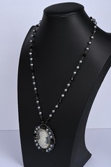 Vintage Cameo Necklace Blue Faux Pearl Black Bead Rhinestone 23″