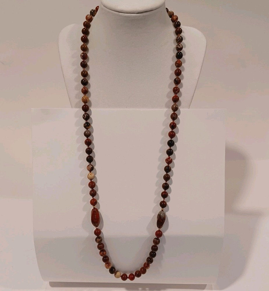 Vtg Long Carnelian Jasper Agate Stone Beaded Necklace 30″ Individually Knotted